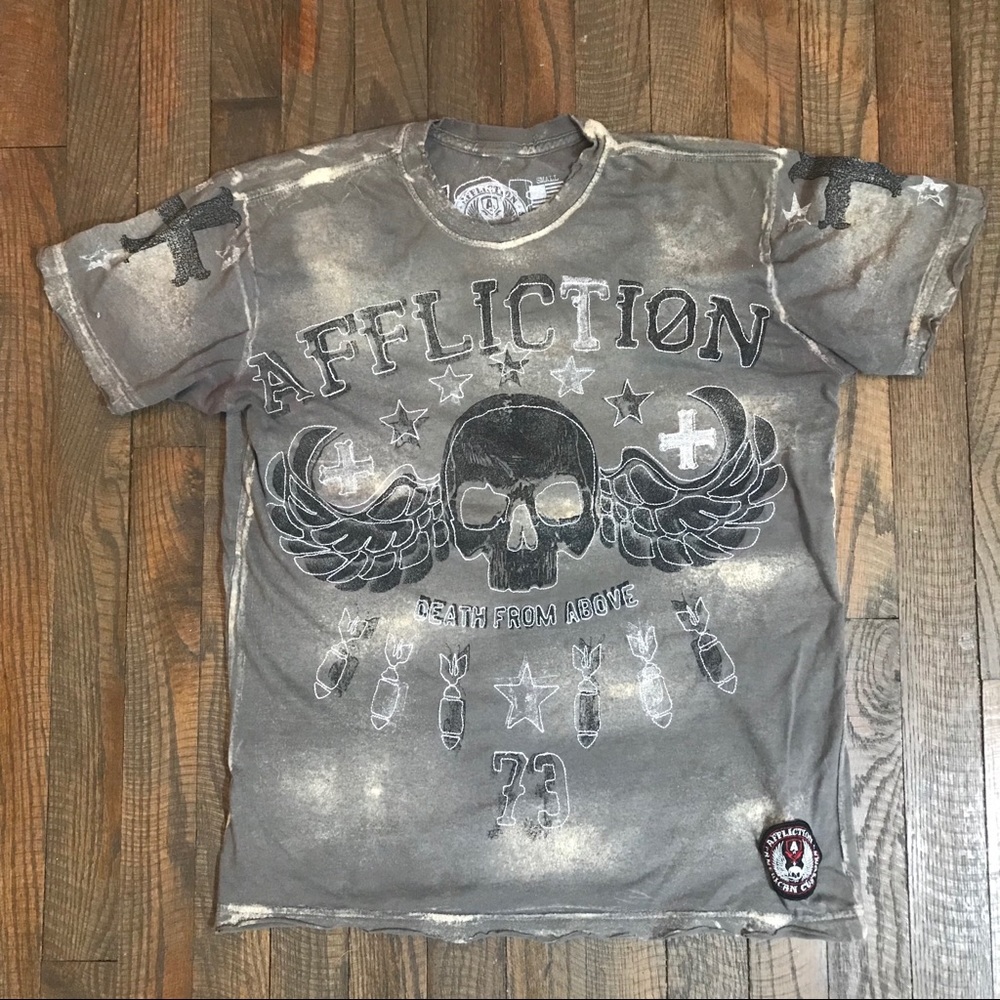 Affliction Men Distressed Winged Skull T shirt SML
